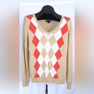 Tommy Hilfiger Argyle V-Neck Sweater - Beige, Red, and White Large